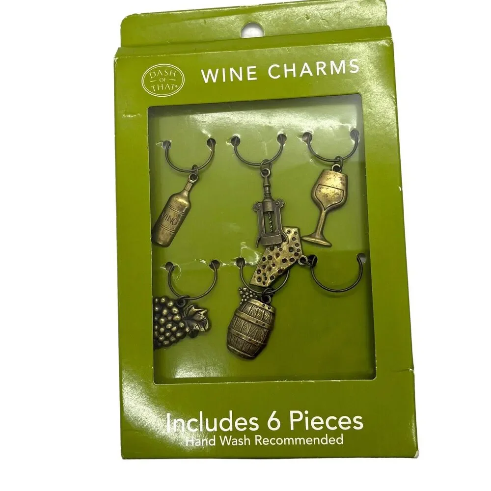 Wine Charms Dash of That 6pc Vintage Brass Color NWT Cheese Barrel Grapes Cork